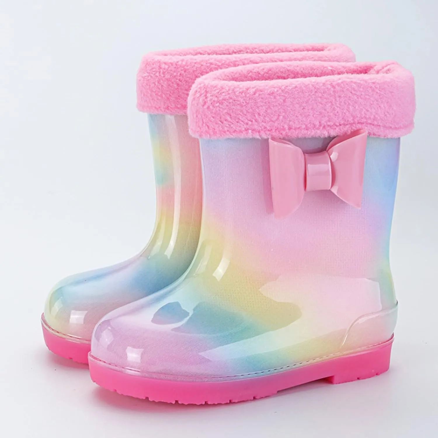 Toddler Kids Rain Boots with Cute Bow Waterproof Rubber Boots for Girls Boys Tie Dye Gradient Color Rainboots