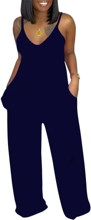 TOPSRANI Women Casual Jumpsuits One Piece Outfits Cute Rompers Sleeveless Spaghetti Strap Loose Wide Leg Pants with Pockets