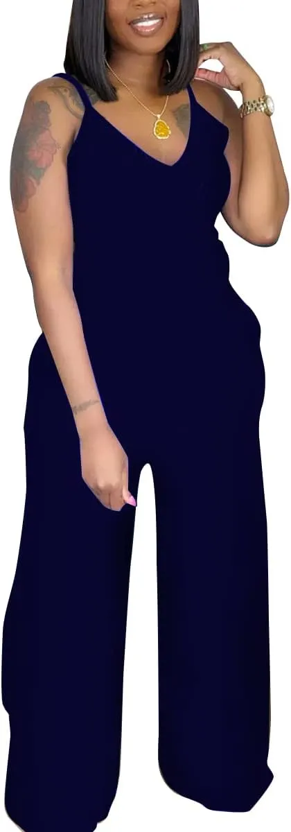 TOPSRANI Women Casual Jumpsuits One Piece Outfits Cute Rompers Sleeveless Spaghetti Strap Loose Wide Leg Pants with Pockets