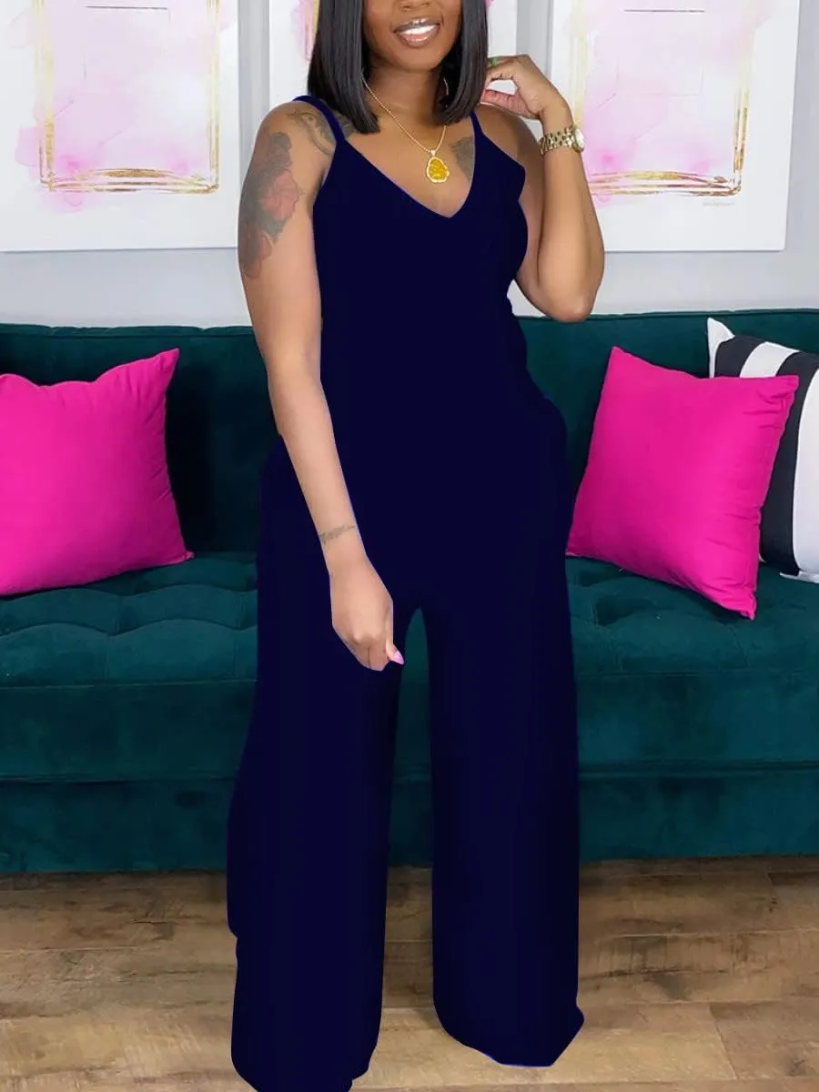 TOPSRANI Women Casual Jumpsuits One Piece Outfits Cute Rompers Sleeveless Spaghetti Strap Loose Wide Leg Pants with Pockets