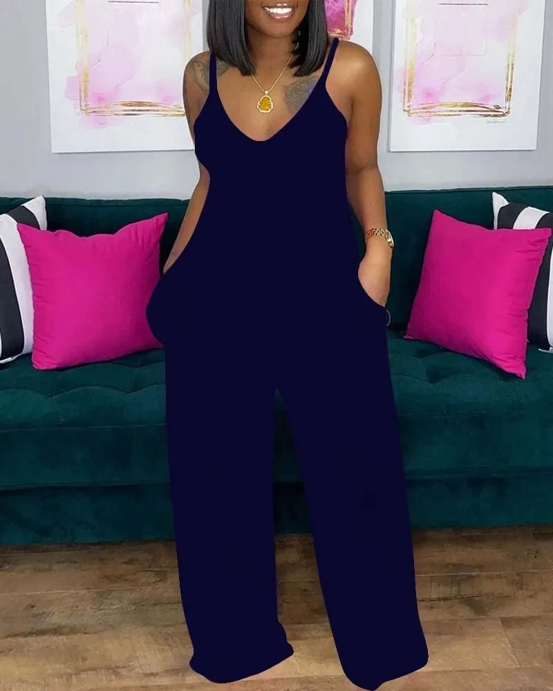 TOPSRANI Women Casual Jumpsuits One Piece Outfits Cute Rompers Sleeveless Spaghetti Strap Loose Wide Leg Pants with Pockets