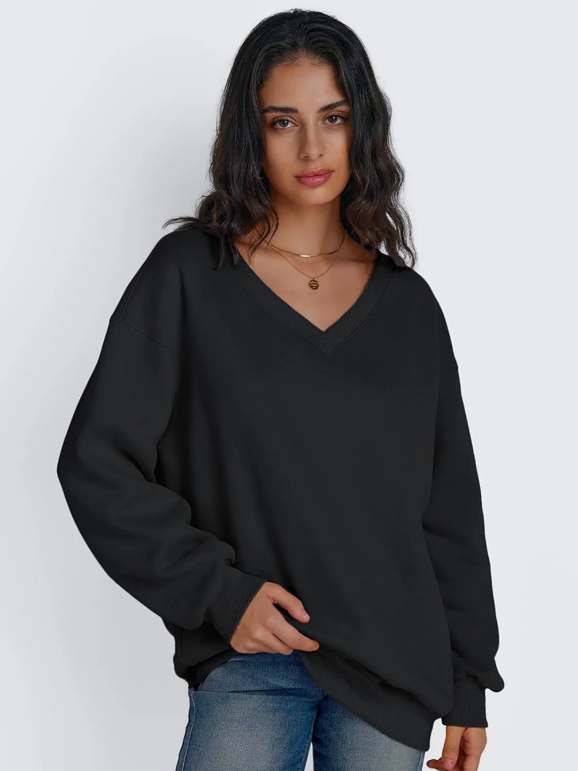 Trendy Queen Womens Oversized Sweatshirts Hoodies Fall Fashion 2024 Outfits Winter Clothes Sweaters Preppy V Neck Teen Girls