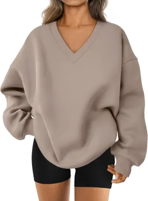 Trendy Queen Womens Oversized Sweatshirts Hoodies Fall Fashion 2024 Outfits Winter Clothes Sweaters Preppy V Neck Teen Girls
