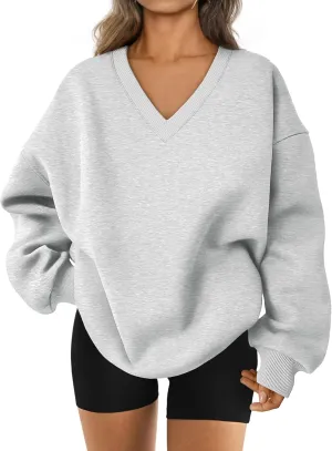 Trendy Queen Womens Oversized Sweatshirts Hoodies Fall Fashion 2024 Outfits Winter Clothes Sweaters Preppy V Neck Teen Girls