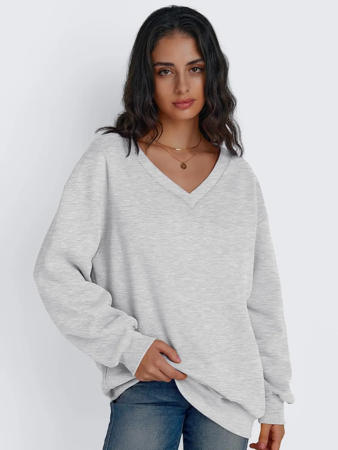 Trendy Queen Womens Oversized Sweatshirts Hoodies Fall Fashion 2024 Outfits Winter Clothes Sweaters Preppy V Neck Teen Girls