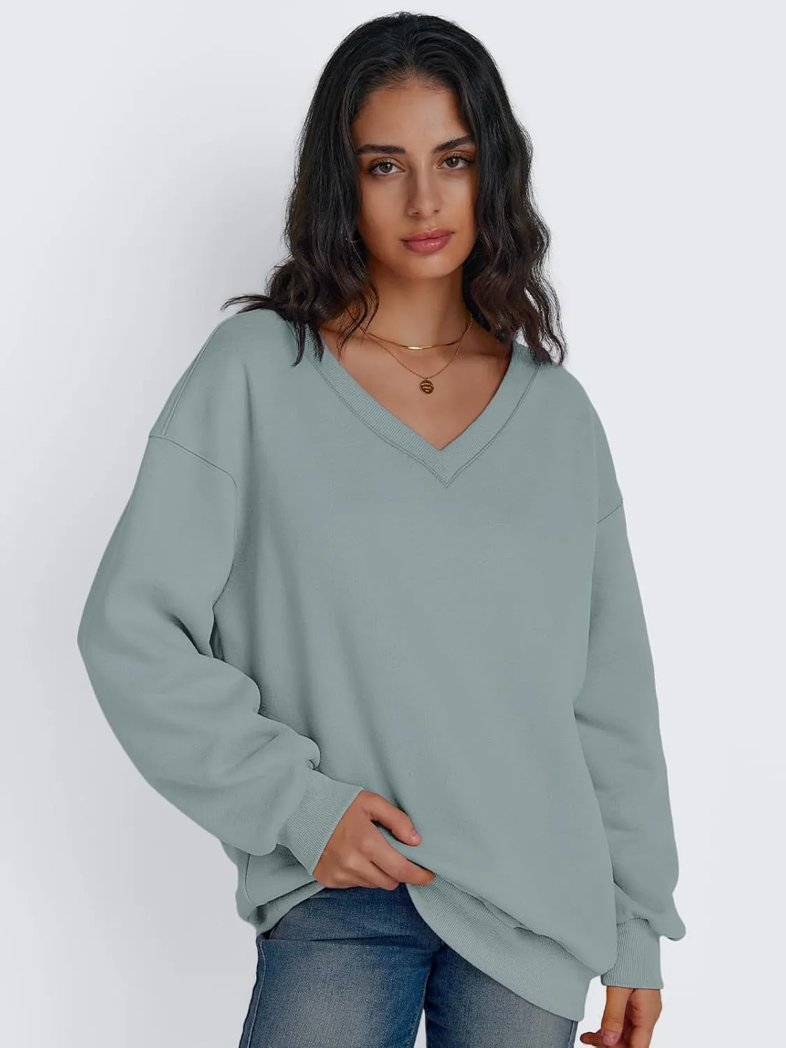 Trendy Queen Womens Oversized Sweatshirts Hoodies Fall Fashion 2024 Outfits Winter Clothes Sweaters Preppy V Neck Teen Girls