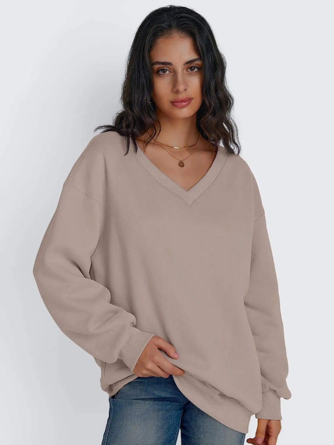 Trendy Queen Womens Oversized Sweatshirts Hoodies Fall Fashion 2024 Outfits Winter Clothes Sweaters Preppy V Neck Teen Girls