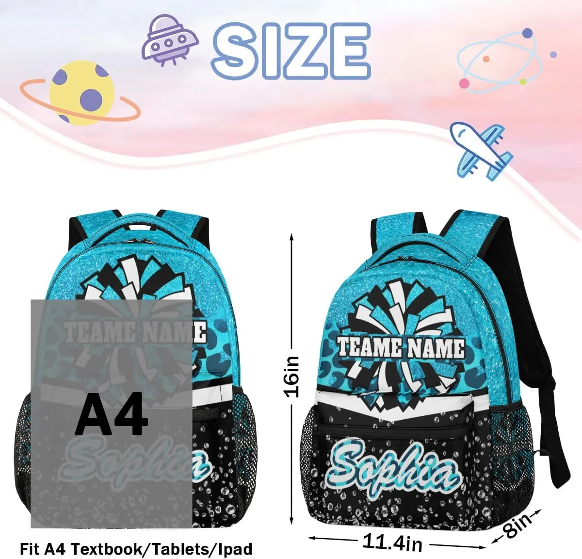 TropicalLife Custom Cheer Backpack for Cheerleader, Personalized Cheer Shoulder Bag with Name, Cheerleading Gifts for Teams, Blue Leopard