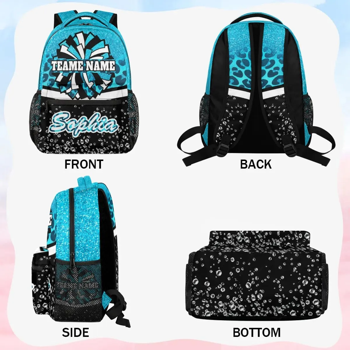 TropicalLife Custom Cheer Backpack for Cheerleader, Personalized Cheer Shoulder Bag with Name, Cheerleading Gifts for Teams, Blue Leopard