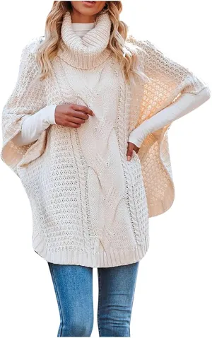 Turtleneck Sweater for Women Batwing Sleeve Knitted Poncho Pullovers Cable Knit Shawl Textured Wraps Oversized Cloak