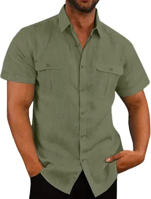 Uillui Cotton Linen Shirts Mens Short Sleeve Shirt Casual Lightweight Button Down Dress Shirts Vacation Beach Fishing Shirts