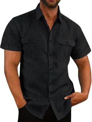 Uillui Cotton Linen Shirts Mens Short Sleeve Shirt Casual Lightweight Button Down Dress Shirts Vacation Beach Fishing Shirts