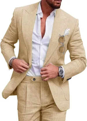 UNINUKOO Linen Suit for Men Summer Wedding 2 Piece Suit Set Peak Lapel Casual Blazer Pants Beach Wear for Men