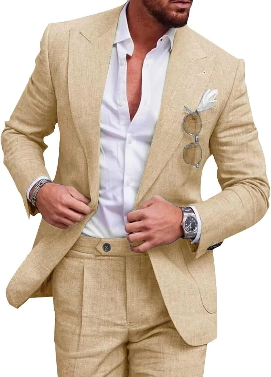 UNINUKOO Linen Suit for Men Summer Wedding 2 Piece Suit Set Peak Lapel Casual Blazer Pants Beach Wear for Men
