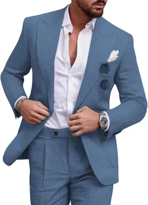 UNINUKOO Linen Suit for Men Summer Wedding 2 Piece Suit Set Peak Lapel Casual Blazer Pants Beach Wear for Men