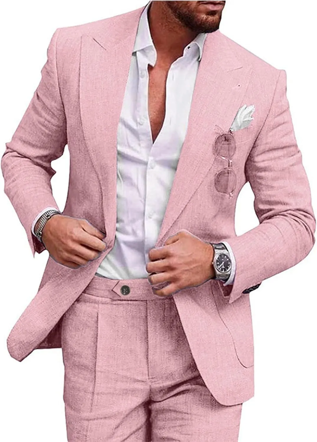 UNINUKOO Linen Suit for Men Summer Wedding 2 Piece Suit Set Peak Lapel Casual Blazer Pants Beach Wear for Men