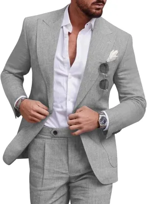 UNINUKOO Linen Suit for Men Summer Wedding 2 Piece Suit Set Peak Lapel Casual Blazer Pants Beach Wear for Men