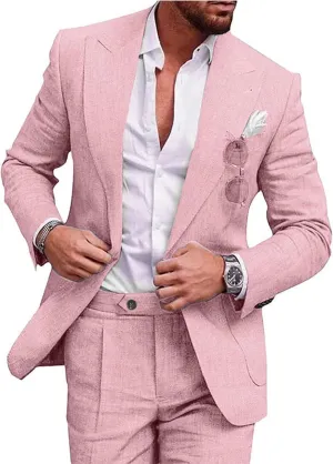 UNINUKOO Linen Suit for Men Summer Wedding 2 Piece Suit Set Peak Lapel Casual Blazer Pants Beach Wear for Men