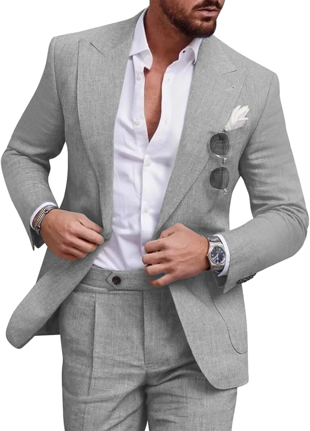 UNINUKOO Linen Suit for Men Summer Wedding 2 Piece Suit Set Peak Lapel Casual Blazer Pants Beach Wear for Men