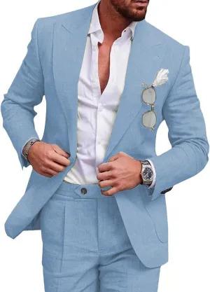 UNINUKOO Linen Suit for Men Summer Wedding 2 Piece Suit Set Peak Lapel Casual Blazer Pants Beach Wear for Men