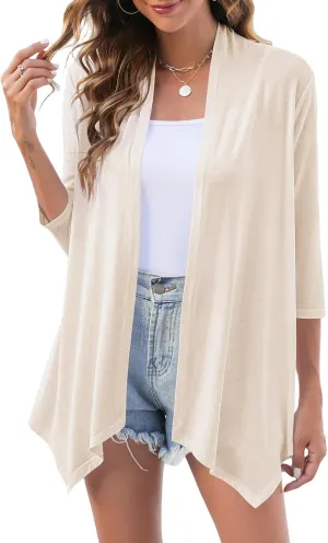 Uvog Women's 3/4 Sleeve Draped Open Front Cardigan Casual Loose Lightweight Cardigans