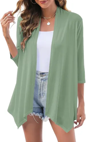 Uvog Women's 3/4 Sleeve Draped Open Front Cardigan Casual Loose Lightweight Cardigans