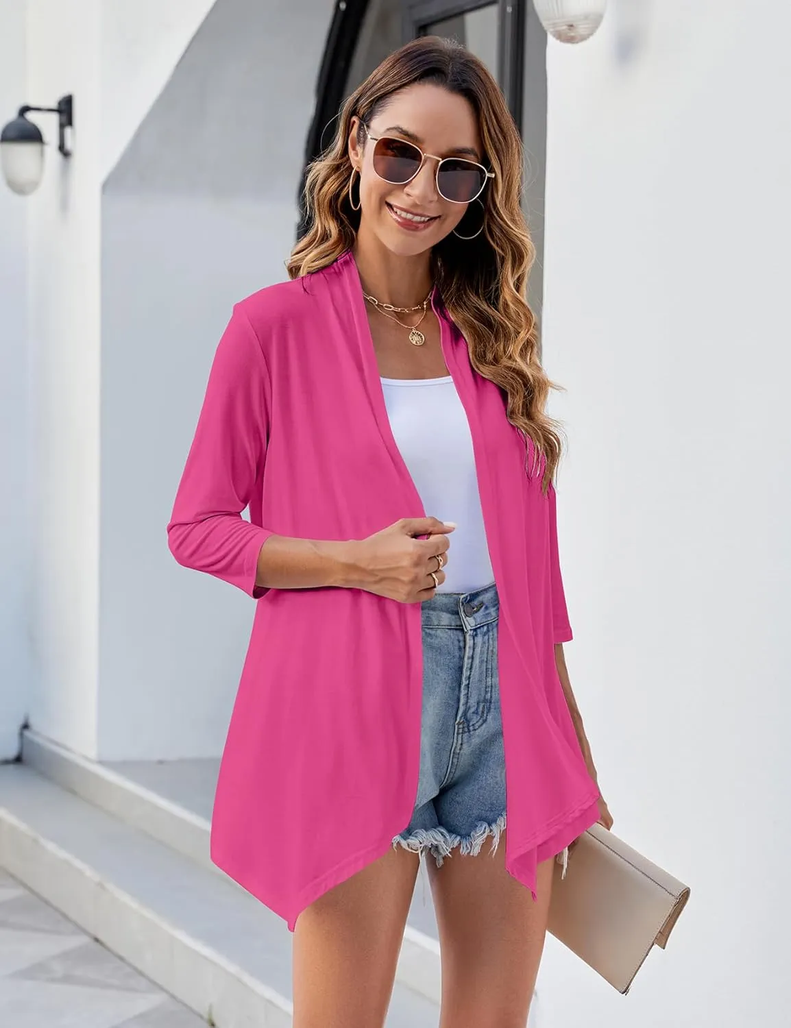 Uvog Women's 3/4 Sleeve Draped Open Front Cardigan Casual Loose Lightweight Cardigans