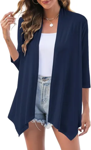 Uvog Women's 3/4 Sleeve Draped Open Front Cardigan Casual Loose Lightweight Cardigans