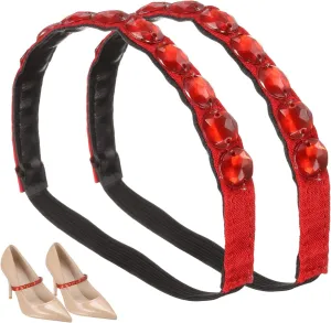 uxcell 2 Pairs High Heels Shoe Straps, Rhinestone Elastic Shoe Straps Heels Detachable Ankle Straps Replacement Shoelace Crystal for Women Loose High Heels Slippers Sandals, Red