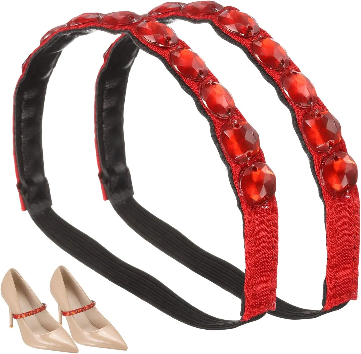 uxcell 2 Pairs High Heels Shoe Straps, Rhinestone Elastic Shoe Straps Heels Detachable Ankle Straps Replacement Shoelace Crystal for Women Loose High Heels Slippers Sandals, Red