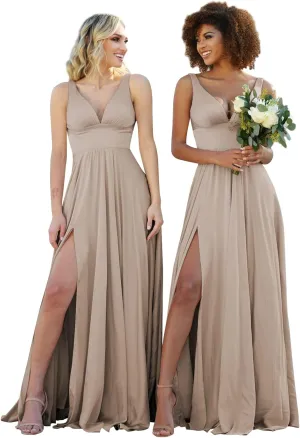 V Neck Bridesmaid Dresses for Wedding Long Chiffon Formal Evening Party Gown for Women