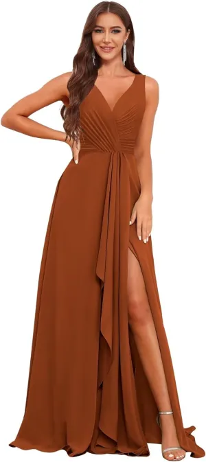 V Neck Long Bridesmaid Dresses for Women A Line Pleated Chiffon Ruffles Formal Evening Dresses with Slit