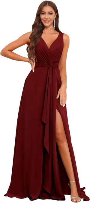 V Neck Long Bridesmaid Dresses for Women A Line Pleated Chiffon Ruffles Formal Evening Dresses with Slit