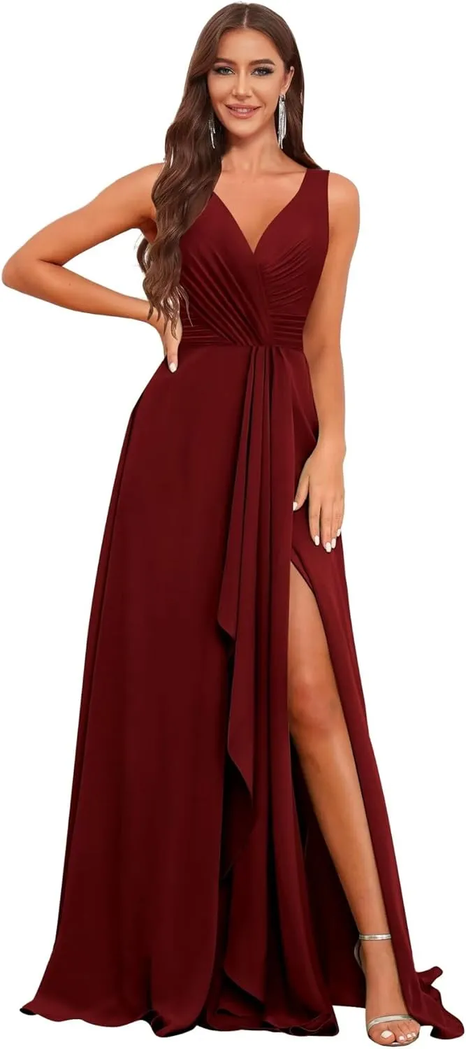 V Neck Long Bridesmaid Dresses for Women A Line Pleated Chiffon Ruffles Formal Evening Dresses with Slit