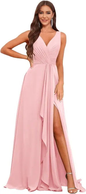V Neck Long Bridesmaid Dresses for Women A Line Pleated Chiffon Ruffles Formal Evening Dresses with Slit