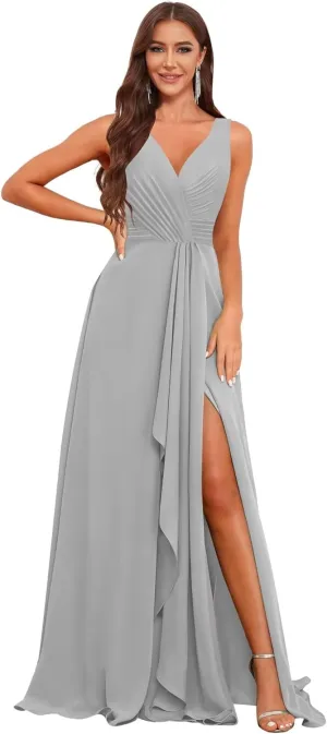 V Neck Long Bridesmaid Dresses for Women A Line Pleated Chiffon Ruffles Formal Evening Dresses with Slit