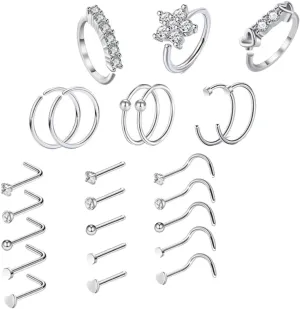 VANZACK Stylish Nose Rings for Women 24 Piece Zircon Nose Studs Set Stainless Steel Comfortable Wear