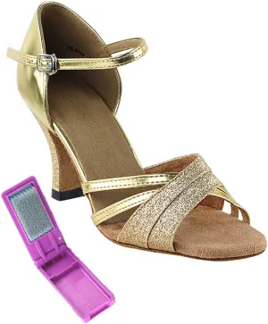 Very Fine Dance Shoes - Ladies Latin, Rhythm, Salsa, Waltz Ballroom Dance Shoes - 6030-2.5-inch Heel and Foldable Brush Bundle - Gold Stardust - Gold Leather - 6