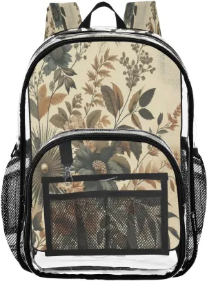 Vintage Botanical Retro Flowers Clear Backpack with Back Print, Heavy Duty See Through Backpacks PVC Transparent Daypack for Travel Security