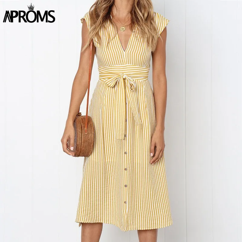 Vintage Striped Print Sleeveless Midi Dress