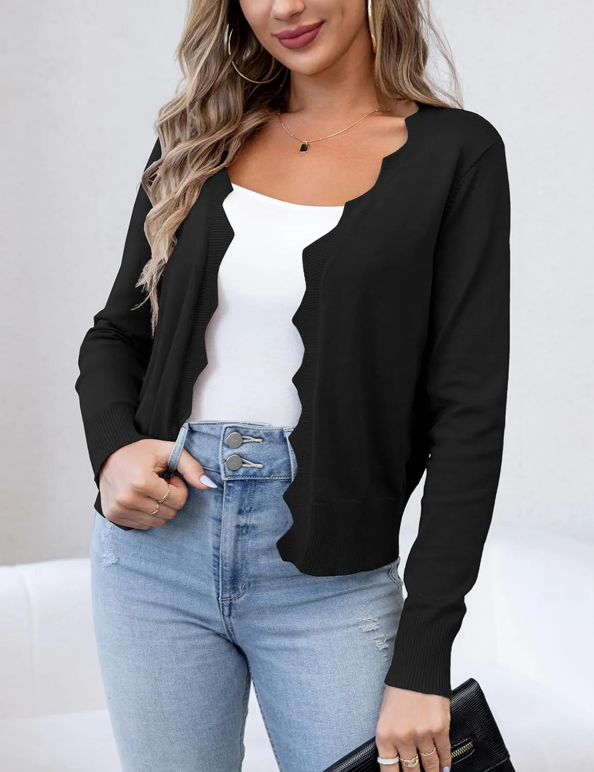 VOIANLIMO Womens Casual Long Sleeve Sweaters Knit Open Front Cropped Bolero Short Cardigan