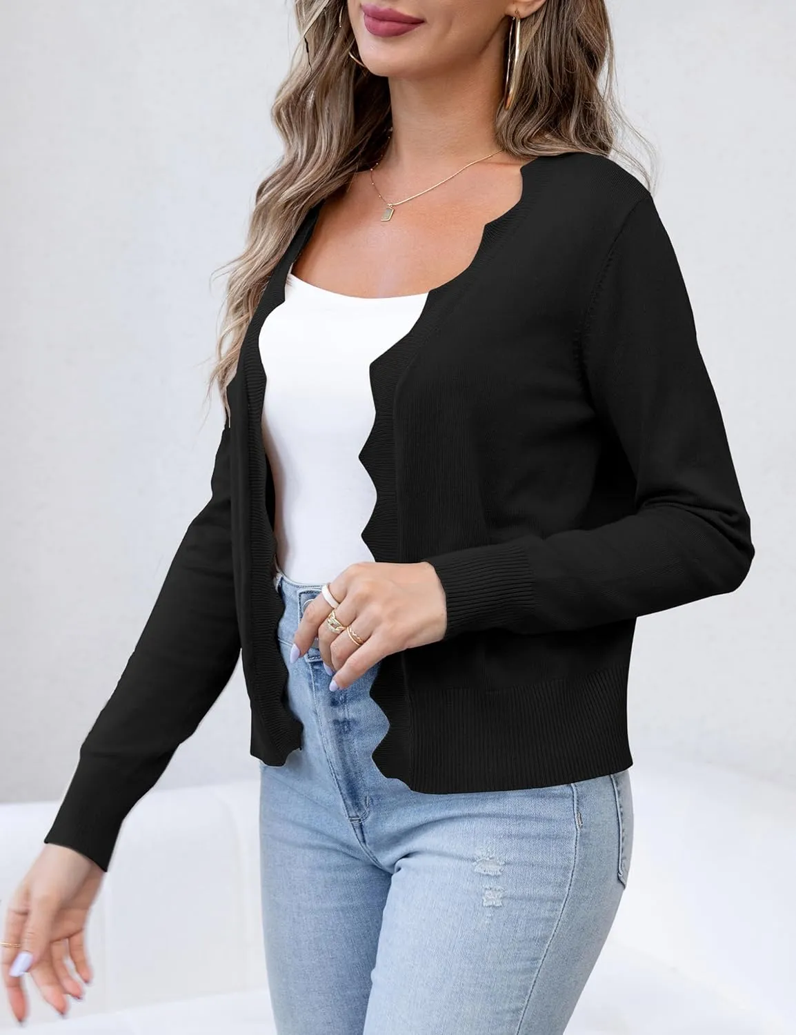 VOIANLIMO Womens Casual Long Sleeve Sweaters Knit Open Front Cropped Bolero Short Cardigan