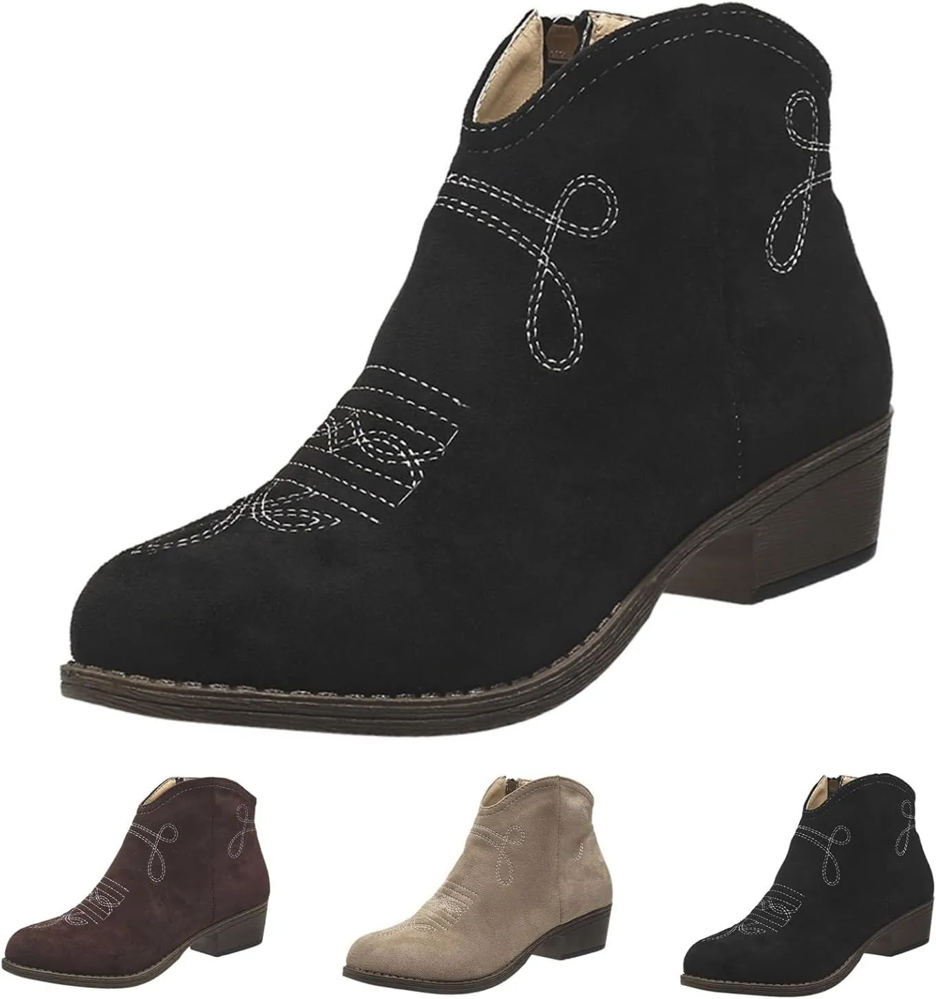 Western Ankle Boots for Women Cowgirl Boots for Women Classic Round Toe Bare Boots Side Zipper Low Heels Lightweight