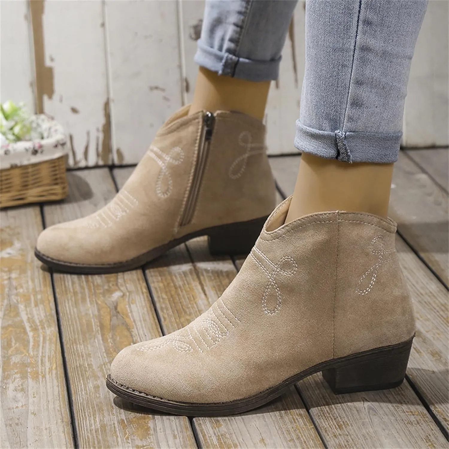 Western Ankle Boots for Women Cowgirl Boots for Women Classic Round Toe Bare Boots Side Zipper Low Heels Lightweight
