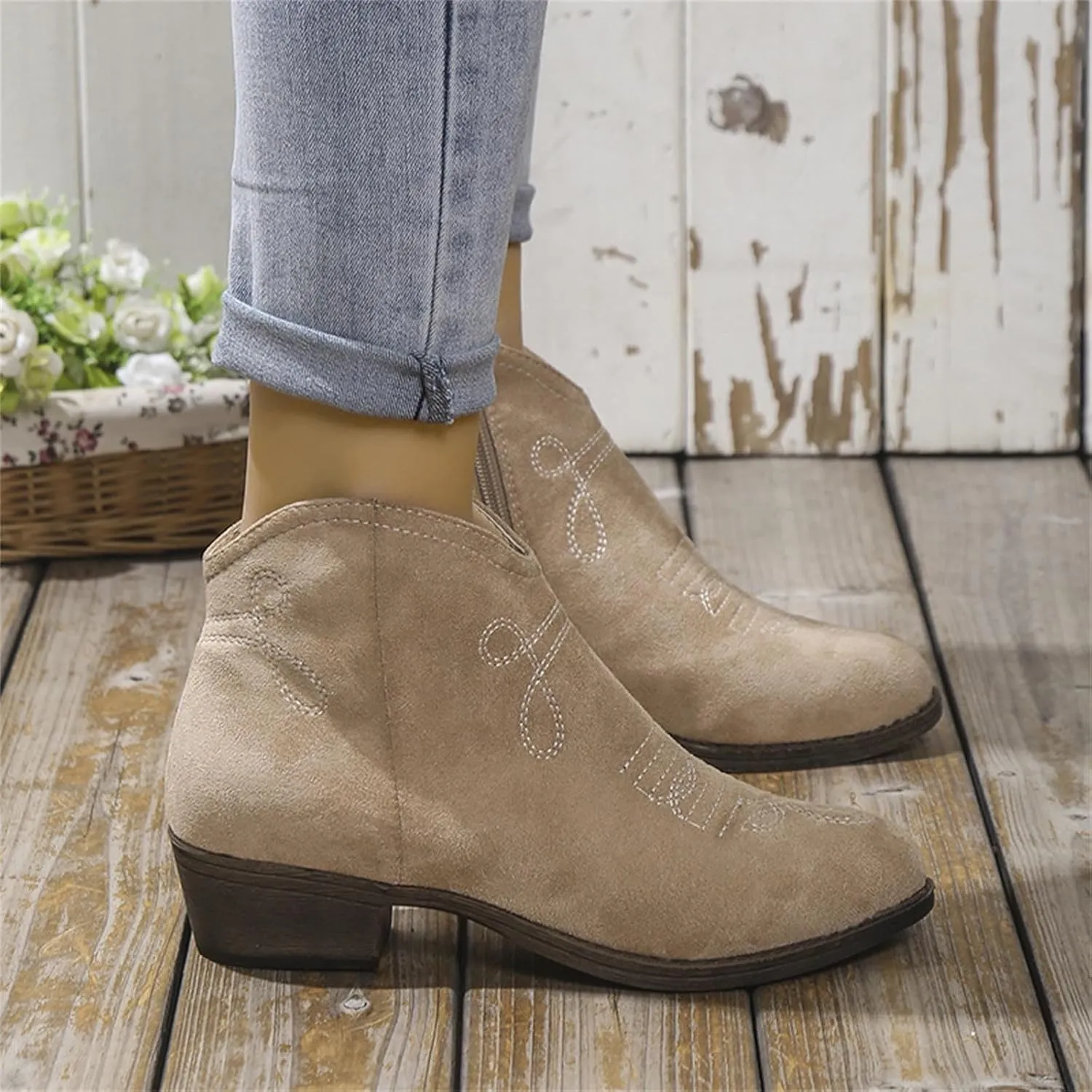 Western Ankle Boots for Women Cowgirl Boots for Women Classic Round Toe Bare Boots Side Zipper Low Heels Lightweight