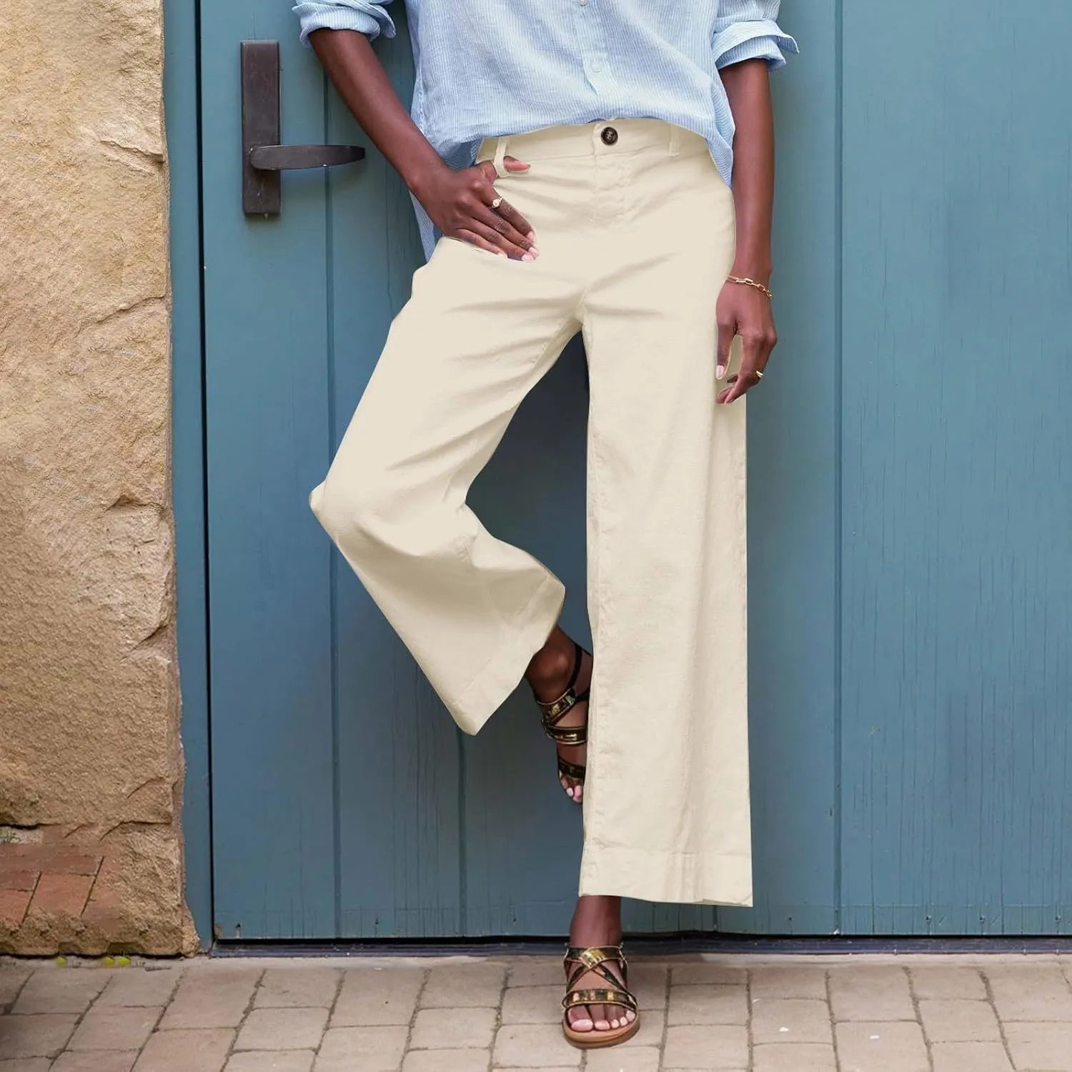 Wide Leg Dress Pants for Women High Waisted Business Work Casual Pants Summer Comfy Cropped Linen Palazzo Trousers