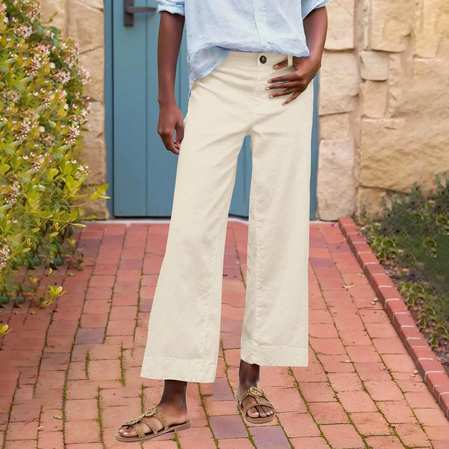 Wide Leg Dress Pants for Women High Waisted Business Work Casual Pants Summer Comfy Cropped Linen Palazzo Trousers