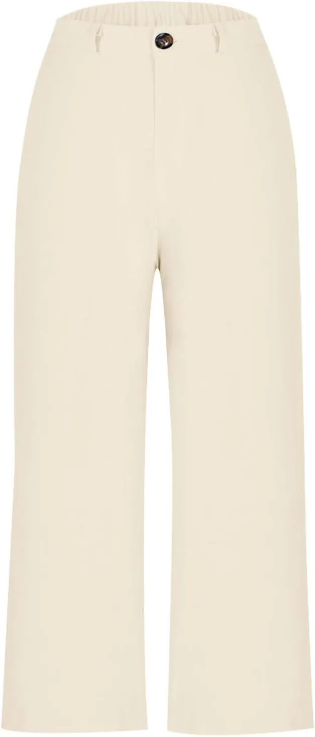 Wide Leg Dress Pants for Women High Waisted Business Work Casual Pants Summer Comfy Cropped Linen Palazzo Trousers