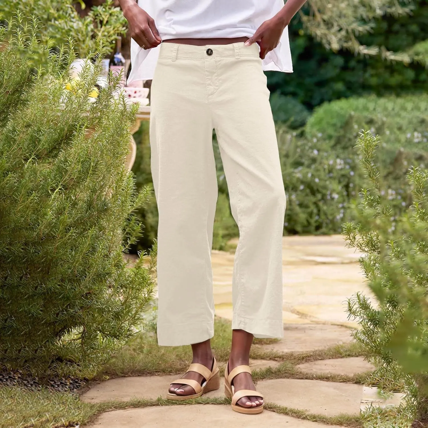 Wide Leg Dress Pants for Women High Waisted Business Work Casual Pants Summer Comfy Cropped Linen Palazzo Trousers