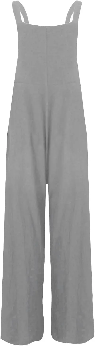 Wide Leg Overalls for Women Loose Fit Pleated Linen Jumpsuit Button Bib Overalls Summer Casual Rompers with Pockets